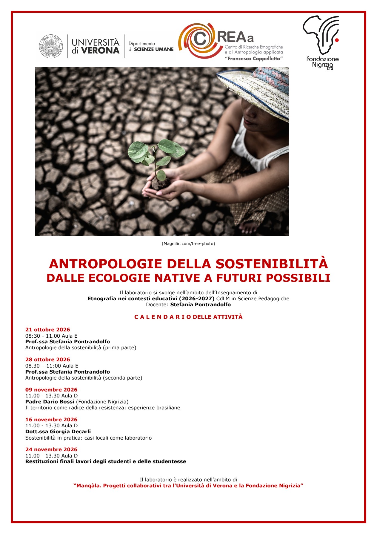Locandina del laboratorio Antropologie della sostenibilità, dal 21 ottobre al 24 novembre 2026