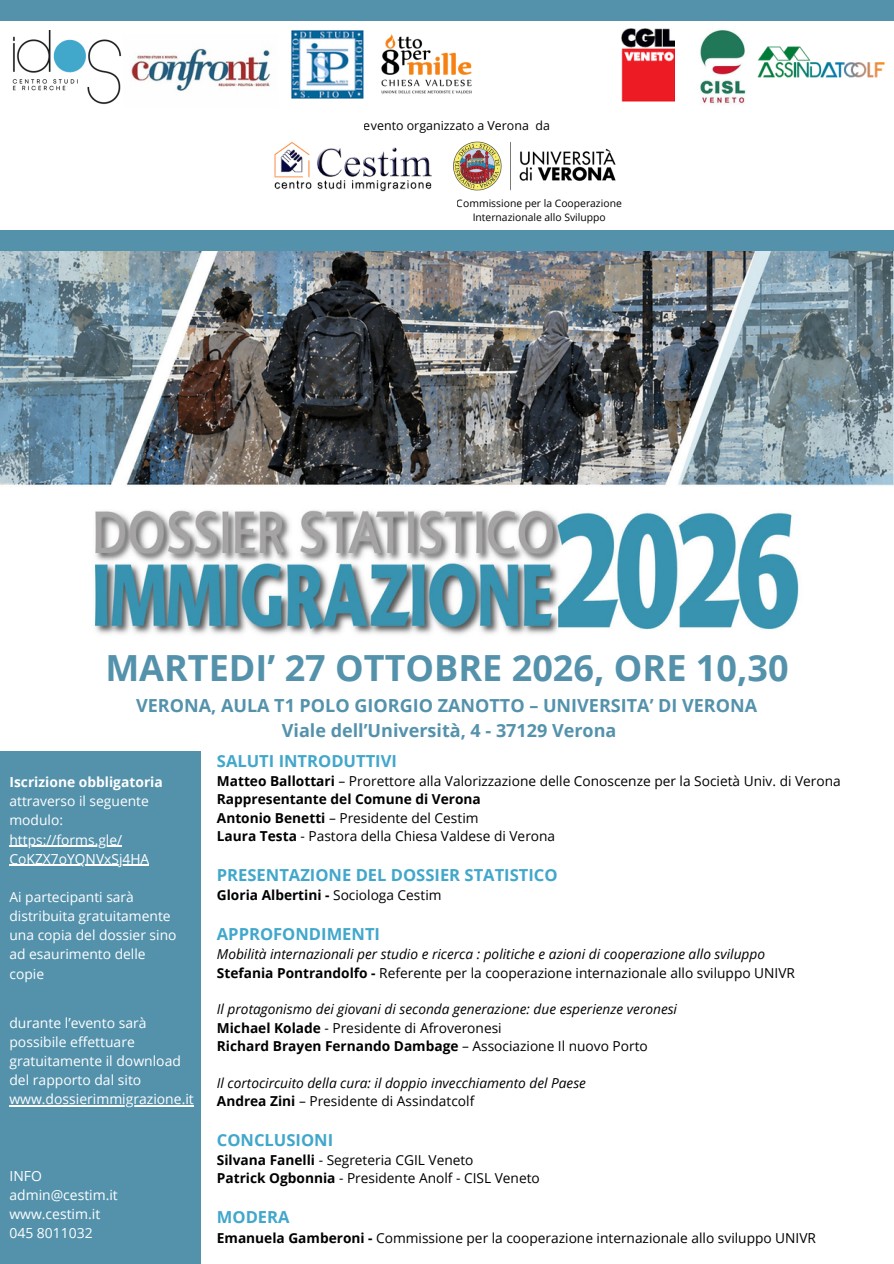 Locandina della presentazione del Dossier statistico immigrazione 2026, 27 ottobre 2026 a Verona